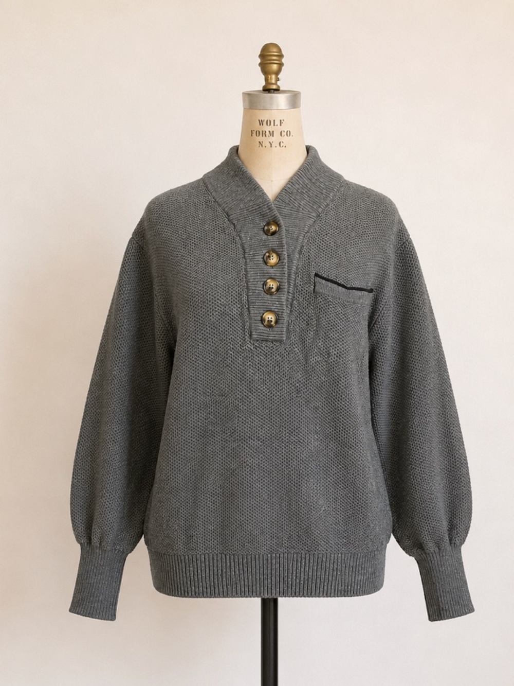 Lunya Cotton Silk Blend Textured Henley Sweater | Charcoal Gray | XS/S